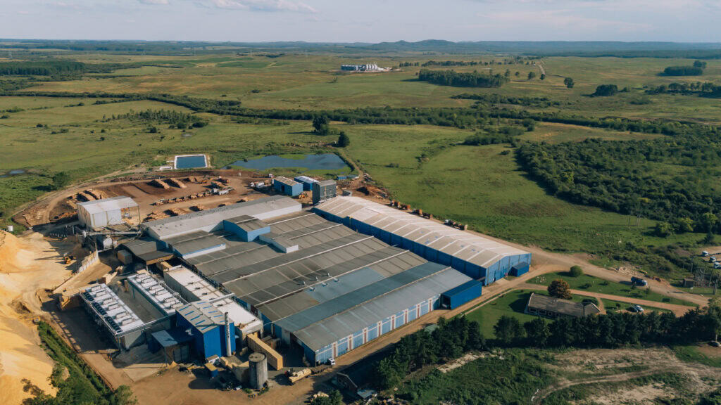 Aerial view of Arboreal’s wood production facility surrounded by forest landscape in Uruguay