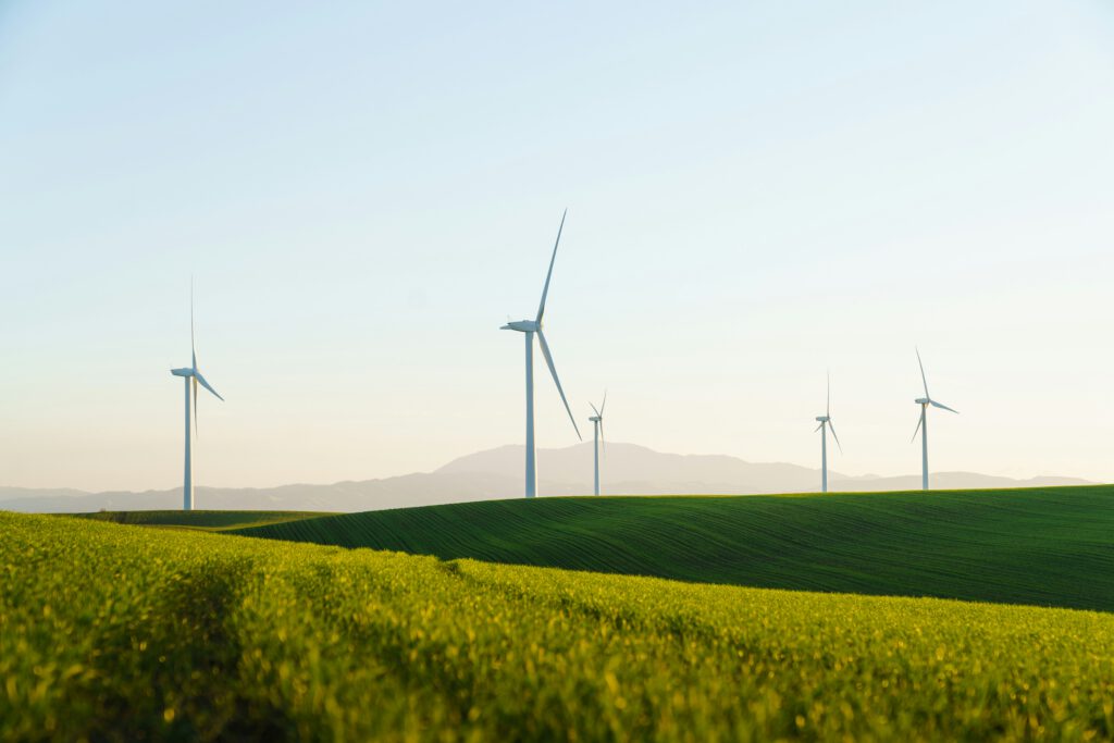 Wind turbines in a rural landscape representing renewable energy investment