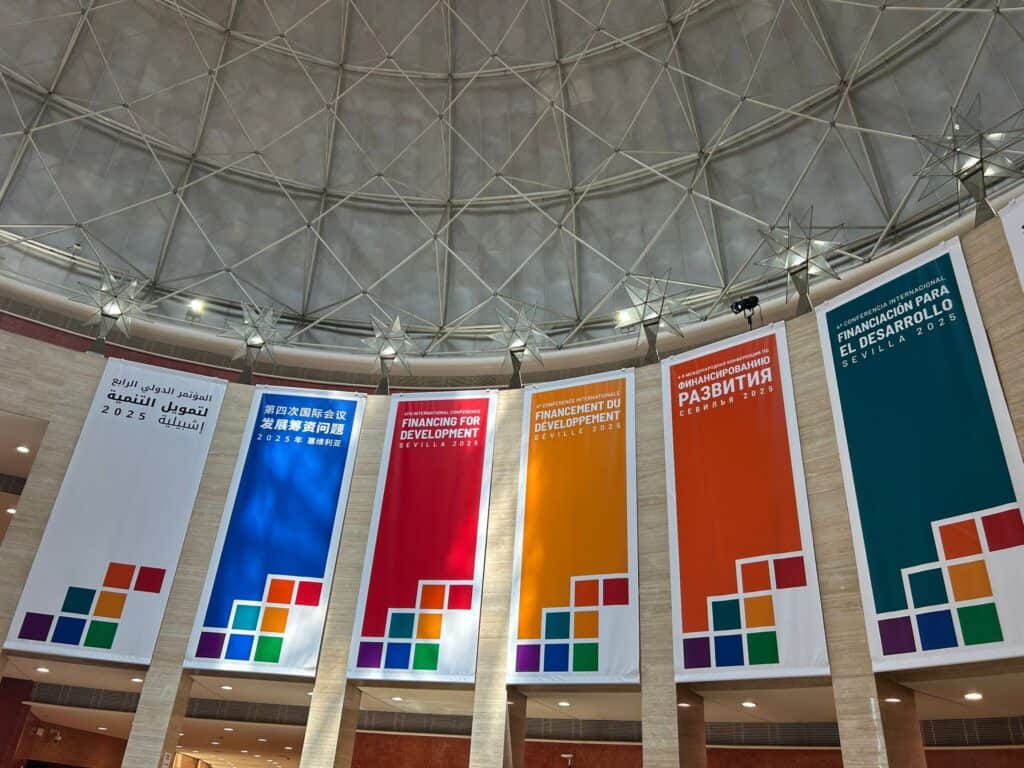 Financing for Development Sevilla 2025 conference banners at the international conference venue